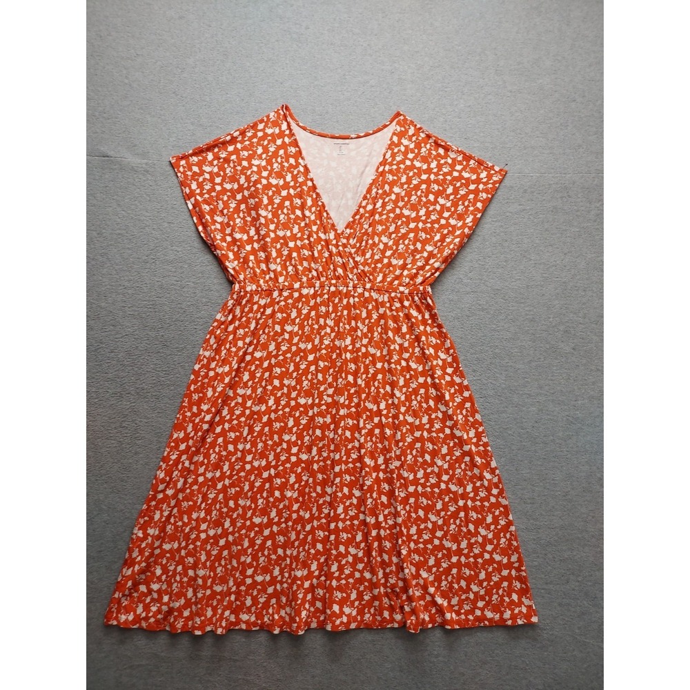 Amazon‎ Essentials Women Dress L Orange White Floral V Neck Elastic Waist Casual